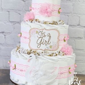 Swan Diaper Cake, Baby Shower Centerpiece Decor, Pink Gold Rose Floral Baby Shower Mystical Magical Girl Princess Crown Tiara Pearl, 3 Tier