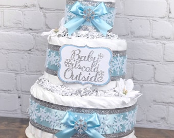 Snowflake Baby It's Cold Outside Diaper Cake, Blue Silver White Winter Wonderland Boy Diaper Cake, Baby Shower Decor Centerpiece, 3 Tier