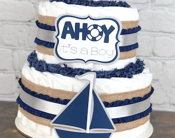 Nautical Diaper Cake, Burlap Navy Blue Gray Sailboat Ahoy It's A Boy Baby Shower, Under the Sea Ocean Centerpiece, Baby Shower Decor, 3 Tier
