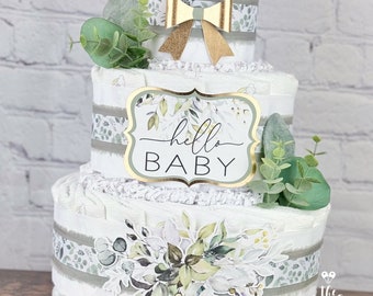 Eucalyptus Diaper Cake, Greenery White Gold Dusty Sage Baby Shower Centerpiece, Gender Neutral Natural Chic Baby Shower Decor Gift, 3 tier