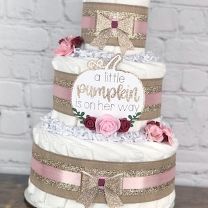 Pink Burgundy Pumpkin Diaper Cake, Baby Shower Centerpiece Decor, Girl Fall A Little Pumpkin is on the way Boho Pink Gold Maroon, 3 Tier