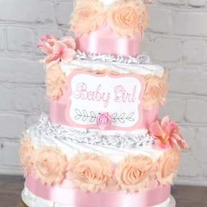 Satin Pink Rose Diaper Cake, Virtual Baby Shower Centerpiece Decor Gift, Pink Girly Flower Floral Diaper Cake, Girl Feminine Elegant,3 tier image 1