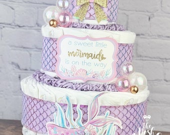 Mermaid Diaper Cake, Baby Shower Centerpiece Decor Gift, Purple Pink Gold Little Mermaid Seashell Under The Sea Ocean Diaper Cake, 3 Tier