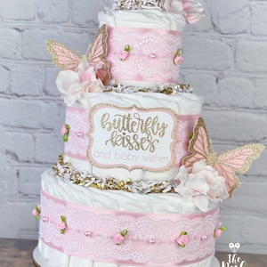 Butterfly Diaper Cake, Baby Shower Centerpiece Decor Gift, Butterfly Kisses Baby Wishes Girly Pink Floral Spring, Virtual Drive By, 3 Tier