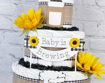 Baby is Brewing Diaper Cake, Bottles and Beer Brew Baby Shower Centerpiece Decor, BabyQ BBQ Baby Q Barbecue Co-Ed Neutral Sunflower, 3 Tier