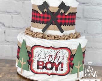 Lumberjack Diaper Cake, Baby Shower Decor Centerpiece, Woodland Burlap Bear Buffalo Plaid Mountain Man Outdoor Woods Fall Decor, 2 Tier