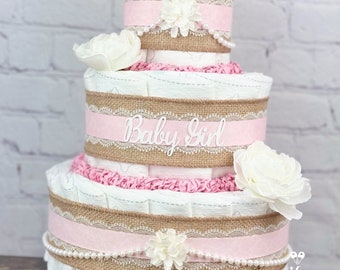 Shabby Chic Girl Diaper Cake, Virtual Baby Shower Decor Centerpiece Gift, Pink White Girly Diaper Cake, Burlap Lace Pearls Floral, 3 tier