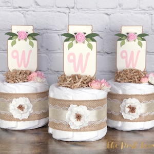 Pink Floral Mason Jar Mini Diaper Cakes Set, Girl Pink Shabby Chic BabyQ BBQ Baby Shower Decor Centerpiece, Boho Rustic Burlap Rose Set of 3