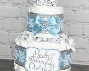 Snowflake Baby It's Cold Outside Diaper Cake, Blue Silver White Winter Wonderland Boy Diaper Cake, Baby Shower Decor Centerpiece, 2 Tier