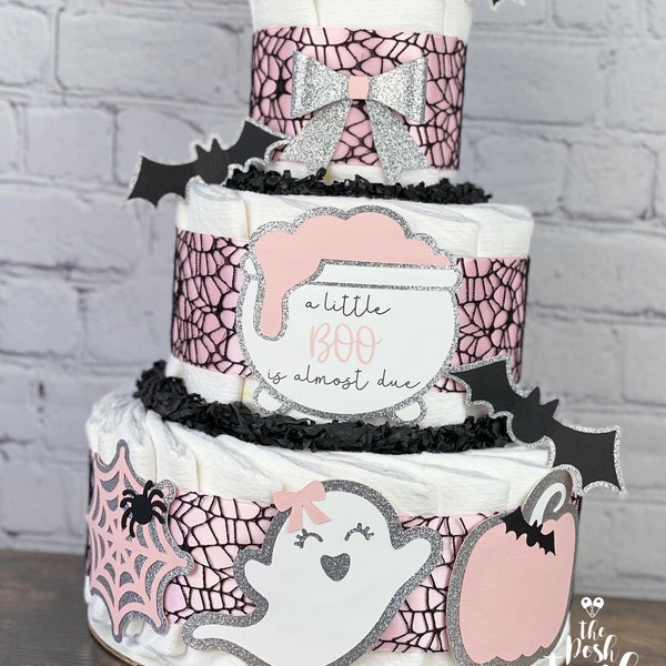 Halloween Diaper Cake, Fall Spooky Season Baby Shower Centerpiece Decor, Little Boo is Almost Due Pink Black Silver Baby Brewing, 3 Tier