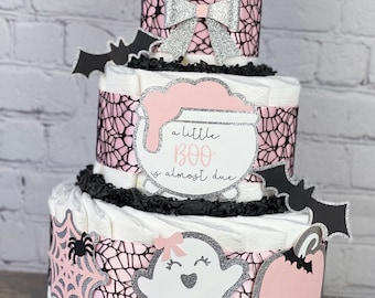 Halloween Diaper Cake, Fall Spooky Season Baby Shower Centerpiece Decor, Little Boo is Almost Due Pink Black Silver Baby Brewing, 3 Tier