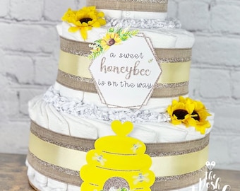 Bee Diaper Cake, Oh Babee Shower Centerpiece, Baby Shower Decor Gift, Gender Neutral Yellow Gold Honey Sunflower Burlap Honey Bee , 3 tier