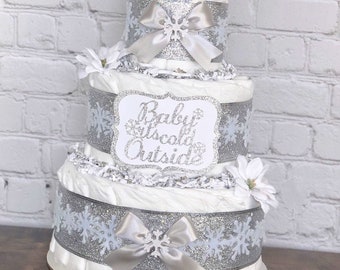 Snowflake Baby It's Cold Outside Diaper Cake, Silver White Snow Winter Wonderland Gender Neutral, Baby Shower Decor Centerpiece, 3 Tier