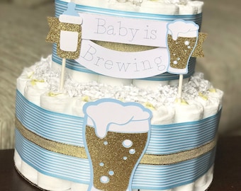 Baby is Brewing Diaper Cake, Bottles and Beer Brew Baby Shower Centerpiece Decor, BabyQ BBQ Co-Ed Baby Shower Blue Gold Boy Neutral, 3 Tier