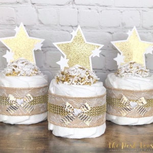 Twinkle Twinkle Baby Shower Centerpiece Set, Twinkle Twinkle Diaper Cake, Baby Shower Decor Gift, Little Star Moon Gold Burlap, Set of 3 image 1