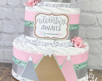 Adventure Awaits Arrow Diaper Cake, Pink Gray Mint Mountain Girl Tribal Travel Baby Shower, Baby Shower Centerpiece Gift Decoration, 3 Tier