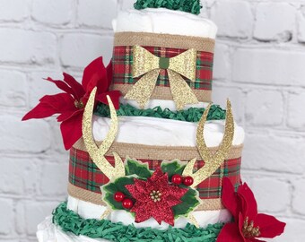 Holiday Oh Deer Antler Diaper Cake, Burlap Red Green Gold Christmas Winter Woodland Floral Antlers, Baby Shower Decor Centerpiece, 3 Tier