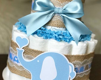 Vintage Blue Elephant Diaper Cake, Baby Shower Centerpiece, Baby Shower Decor Gift, Burlap Lace Light Blue White Boy Heart Elephant, 2 tier