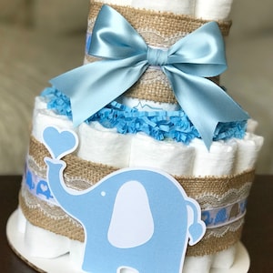 Vintage Blue Elephant Diaper Cake, Baby Shower Centerpiece, Baby Shower Decor Gift, Burlap Lace Light Blue White Boy Heart Elephant, 2 tier