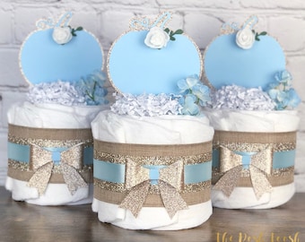 Blue Fall Pumpkin Mini Diaper Cakes Set, Boy Baby Shower Decor Centerpiece Gift Virtual Drive By Shower, Boho Rustic Burlap Rose, Set of 3