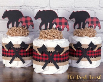 Lumberjack Diaper Cake Set, Baby Shower Centerpiece, Baby Shower Decor Gift, Bear Buffalo Plaid Mountain Outdoor Man Adventure Oh Boy Shower