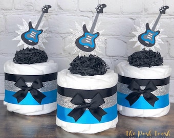 Guitar Little Rockstar Diaper Cake, Baby Shower Centerpiece, Decoration Gift, One Boy Music Band Rock A Bye Baby Blue Black Gray, Set of 3