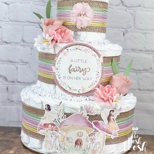 Fairy Diaper Cake, Butterfly Magical Whimsical Baby Shower Centerpiece, Pink Gold Garden Mushroom Wildflower Baby Shower Decor Gift, 3 tier