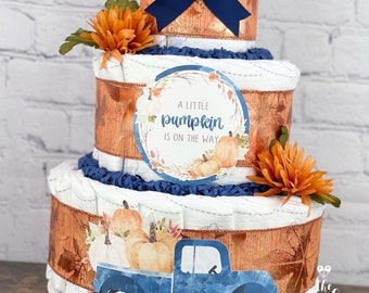 Pumpkin Truck Fall Diaper Cake, Rust Orange Navy Blue Baby Shower Centerpiece Decor, A Little Pumpkin is On The Way Rustic Greenery, 3 Tier