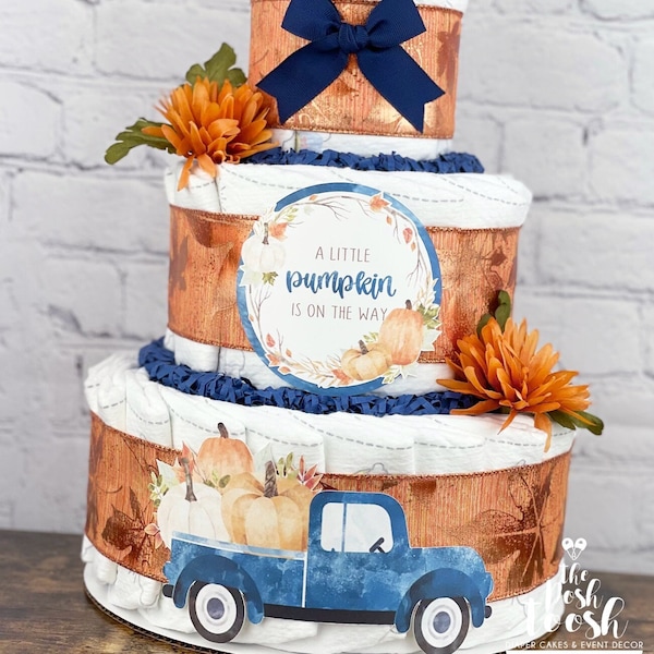 Pumpkin Truck Fall Diaper Cake, Rust Orange Navy Blue Baby Shower Centerpiece Decor, A Little Pumpkin is On The Way Rustic Greenery, 3 Tier