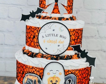 Halloween Diaper Cake, Fall Spooky Season Baby Shower Centerpiece Decor, Little Boo is Almost Due Orange Black Silver Baby Brewing, 3 Tier