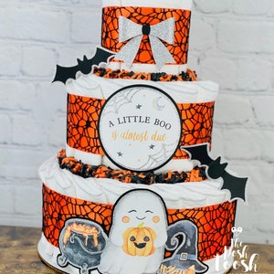 Halloween Diaper Cake, Fall Spooky Season Baby Shower Centerpiece Decor, Little Boo is Almost Due Orange Black Silver Baby Brewing, 3 Tier