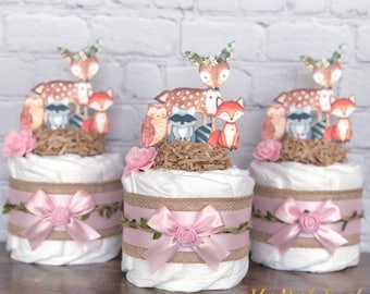 Pink Woodland Diaper Cake Set, Baby Shower Centerpiece Decor Gift, Baby Girl Floral Forest Animal Friends Deer Fox Owl Greenery, Set of 3