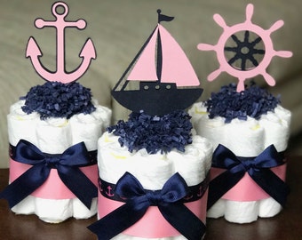 Girl Nautical Diaper Cake, Baby Shower Centerpiece, Baby Shower Decor Gift, Girl Pink Navy Anchor Nautical Diaper Cake, Set of 3, 1 Tier