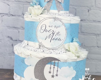 Over the Moon Diaper Cake, Love You To The Moon And Back Twinkle Twinkle, Star Cloud Silver Blue Baby Shower Centerpiece Decor Gift, 3 Tier