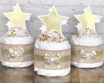 Twinkle Twinkle Baby Shower Centerpiece Set, Twinkle Twinkle Diaper Cake, Baby Shower Decor Gift, Little Star Moon Gold Burlap, Set of 3