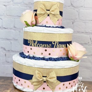 Blush Navy Gold Rose Diaper Cake, Baby Girl Pink Navy Girly Floral Diaper Cake, Virtual Drive By Baby Shower Centerpiece Decor Gift, 3 Tier