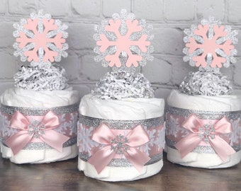 Snowflake Diaper Cake Set, Baby Shower Gift Centerpiece Decor,Mini Girl Pink Silver Little Snowflake Baby It's Cold Outside Winter, Set of 3