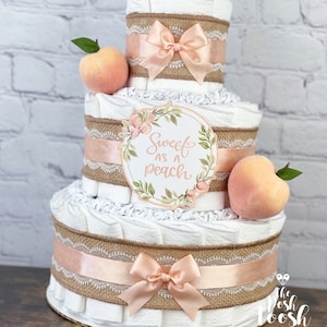 Peach Diaper Cake, Baby Shower Centerpiece Decor Gift, Gender Neutral Girl Peach Coral Sweet Peach Fruit, Spring Summer Baby Shower, 3 tier
