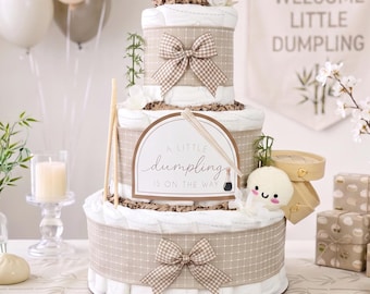 Little Dumpling Diaper Cake, Baby Shower Centerpiece Decor Gift, Asian Bao Bun Dim Sum Gender Neutral