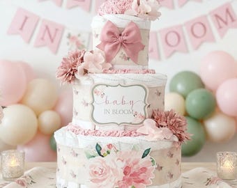 Baby in Bloom Diaper Cake, Vintage Rose Mauve Wildflower Baby Shower Centerpiece Gift, Pink Blush Girl Greenery Decor Gift