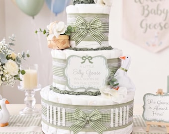 Silly Goose Diaper Cake, Baby Shower Centerpiece Decoration Gift, Green Gender Neutral Mother Goose Little Geese Gingham