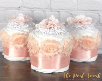 Rose Diaper Cake Set, Baby Shower Centerpiece, Baby Shower Decoration Gift, Peach Coral Rose Baby Girl Floral Hydrangea, Floral Diaper Cake