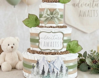 Adventure Awaits Diaper Cake, Travel Mountain Woodland Baby Shower Centerpiece Gift Decoration