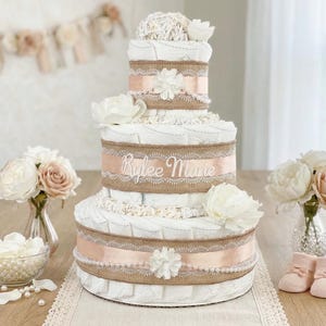 Peach Lace and Pearl Girl Diaper Cake, Baby Shower Decoration Centerpiece Gift
