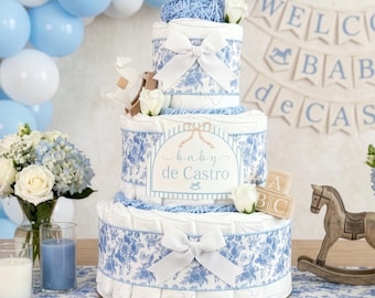 Floral Rocking Horse Diaper Cake, Baby Shower Centerpiece Decor Gift, Blue Jean Baby in Bloom Bow Toile