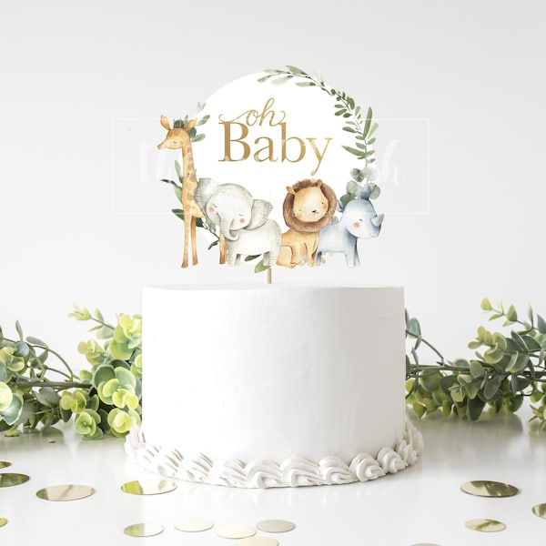 Safari Animal Cake Topper, Baby Shower Centerpiece Decor Cake Topper, Gender Neutral Greenery Gold Eucalyptus Giraffe Elephant Lion Rhino