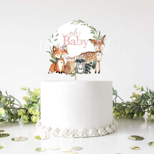 Woodland Animal Cake Topper, Baby Shower Centerpiece Decor Cake Topper, Girl Floral Greenery Drive By Virtual Shower Fox Deer Owl Creature