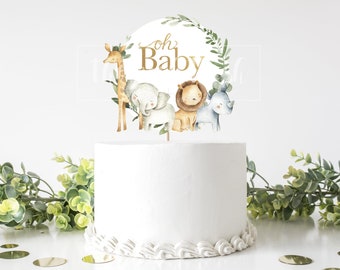 Safari Animal Cake Topper, Baby Shower Centerpiece Decor Cake Topper, Gender Neutral Greenery Gold Eucalyptus Giraffe Elephant Lion Rhino