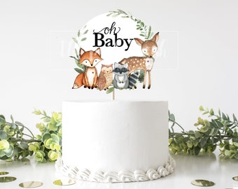 Woodland Animal Cake Topper, Baby Shower Centerpiece Decor Topper, Gender Neutral Boy Green Drive By Virtual Shower Fox Deer Owl Creature