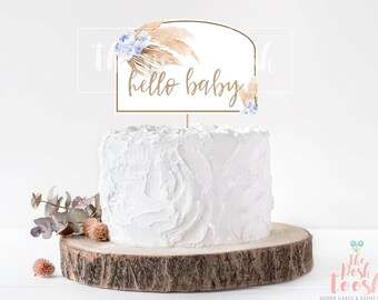 Pampas Boho Cake Topper, Baby Shower Centerpiece Decor Cake Topper, Blue Gender Neutral Dried Floral Flower Hello Baby Tropical Desert